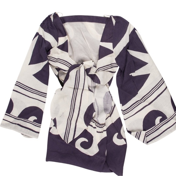 Johanna Ortiz Wave After Wave Tie Back Mini Dress Organic Linen Statement Sleeve - Picture 7 of 12